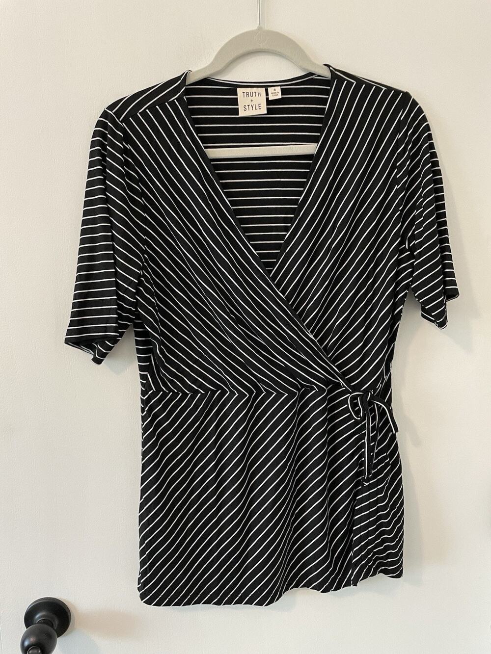 Truth + Style Stripe Jersey Asymmetrical Gather Detail Top Black Small A491547
